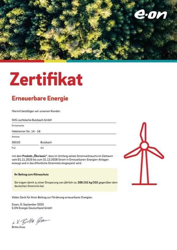Öko-Zertifikat SHS Lochbleche Butzbach GmbH